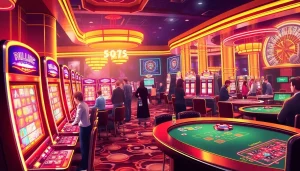 Experience the excitement of slot demo mahjong with vibrant casino scenes showcasing players and betting action.