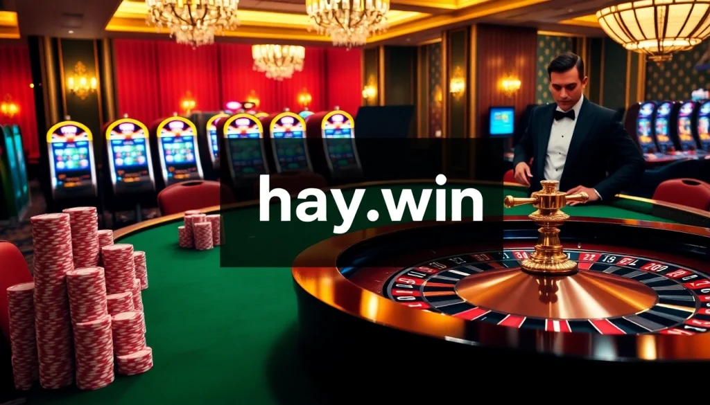 Experience thrilling gameplay at hay.win with vibrant casino visuals, poker chips, and slot machines.