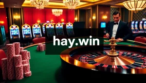 Experience thrilling gameplay at hay.win with vibrant casino visuals, poker chips, and slot machines.