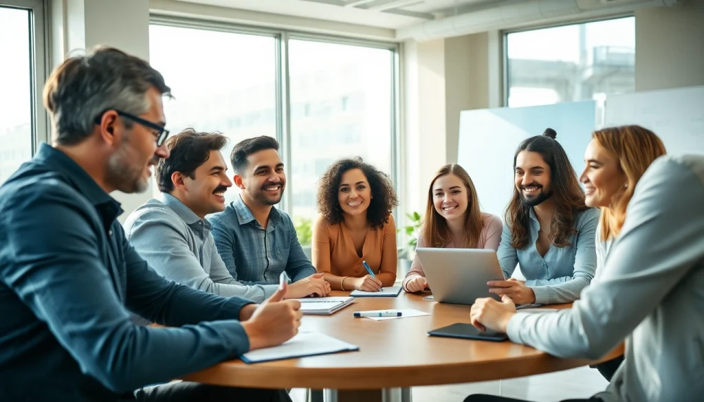 Engaged team participating in a business coaching service session, fostering collaboration and growth.