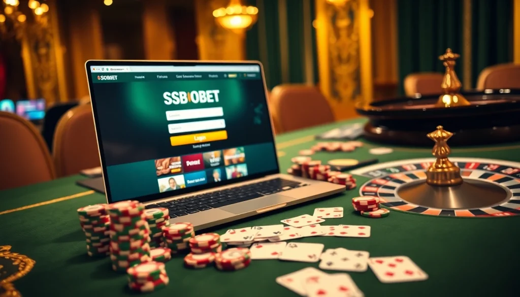 Engaging SBOBET login scene with vibrant poker chips and a roulette wheel, inviting users to bet.