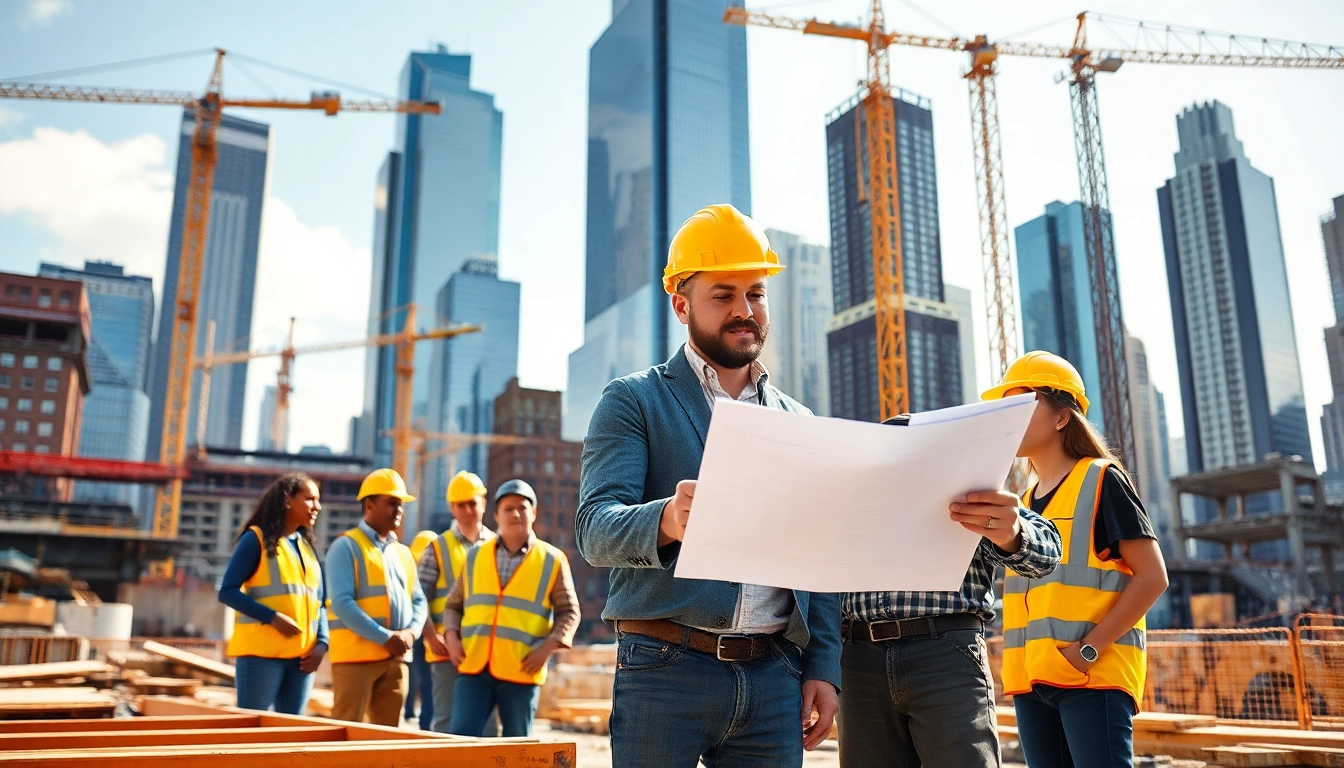 New York City Construction Manager analyzing blueprints on an active construction site in NYC.