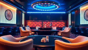 Mostbet VIP aksiyalar üçün şık kazino mühiti, döşəmədə poker masası, zəngin işıqlandırma.