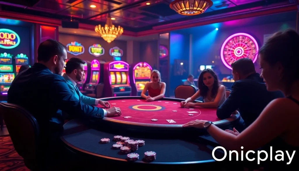 Players strategizing in a poker game at Onicplay's vibrant casino scene filled with excitement.