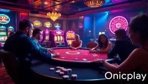 Players strategizing in a poker game at Onicplay's vibrant casino scene filled with excitement.