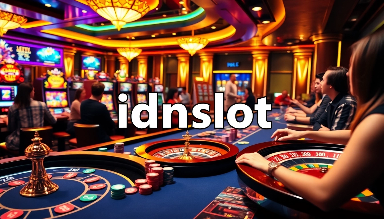 IDNSLOT online gambling scene with exciting slot machines, vibrant chips, and engaged players in a casino.