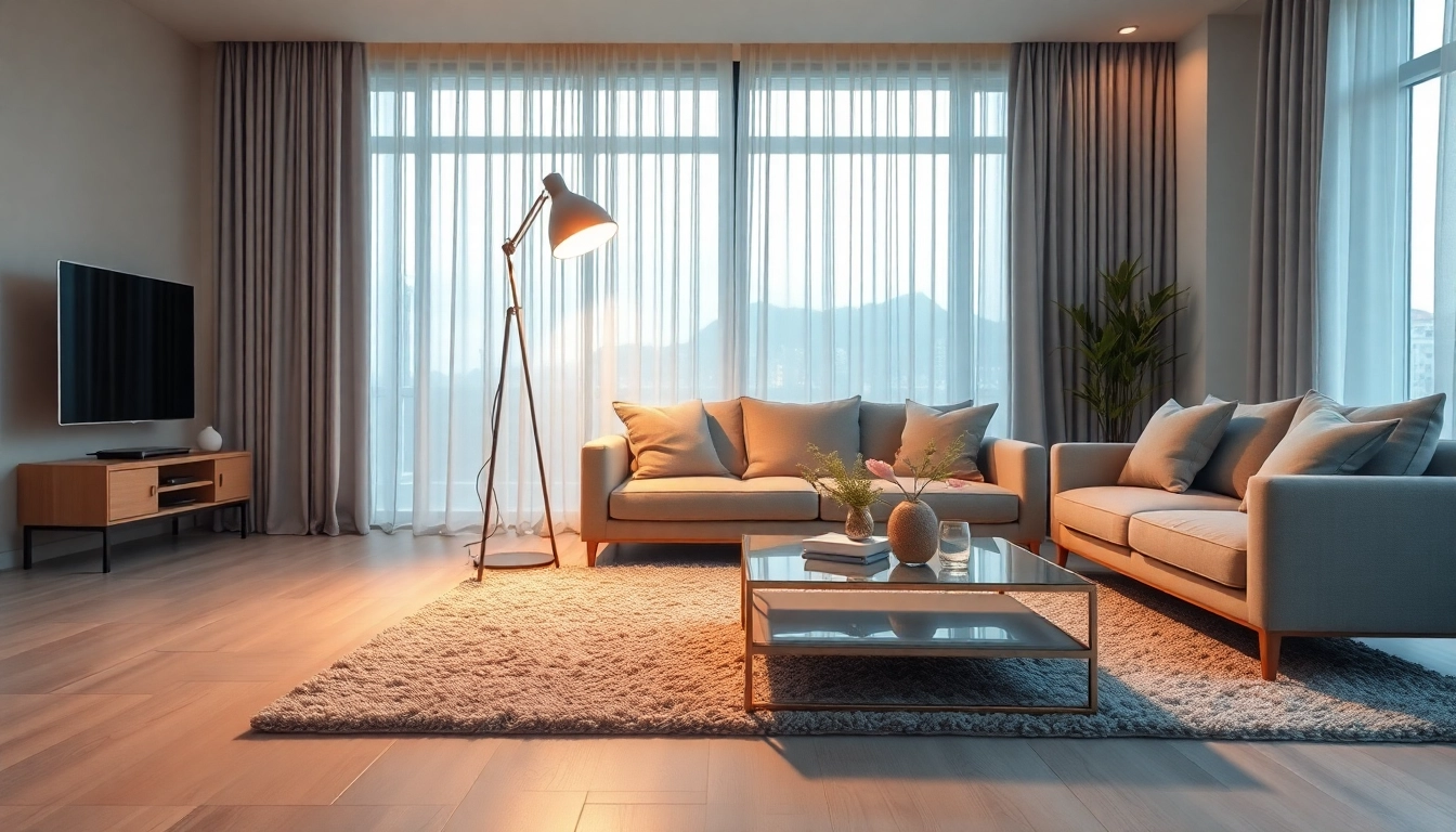 Sleek illumination shining from a modern metallic floor lamp in a stylish living room setting.