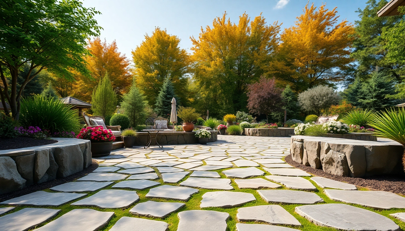 Showcasing hardscapes with elegant stonework complemented by vibrant flowers and greenery garden.
