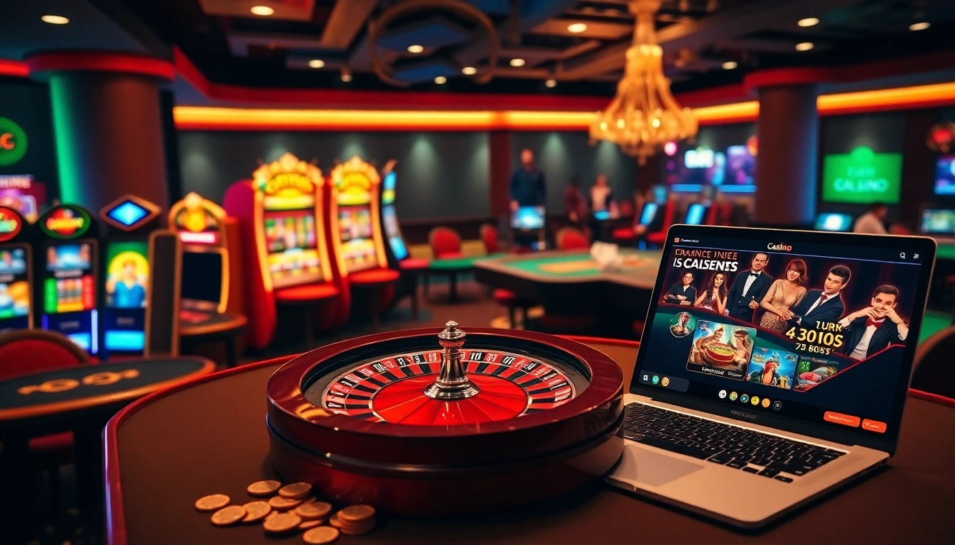 Une scène vibrante de casino en ligne Français montrant une atmosphère engageante de jeu en ligne avec roulette, machines à sous et gameplay de poker.