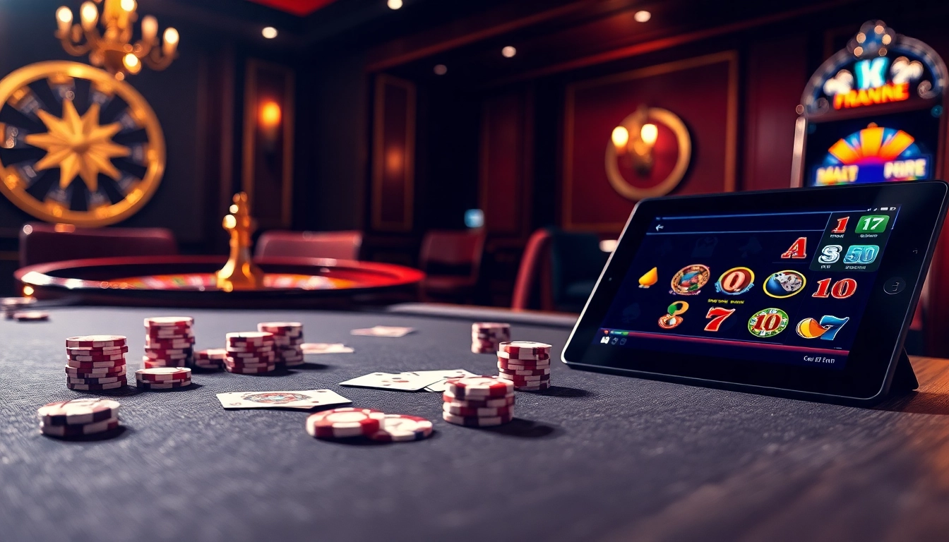 Jeu passionnant dans un casino en ligne Français de luxe avec des jetons de poker et des machines à sous vibrantes.