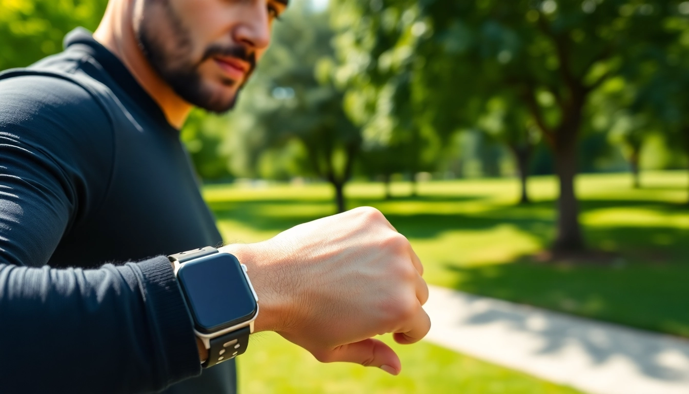 Showcase of a Finesse Smart Watch on a fitness enthusiast in a vibrant outdoor park.
