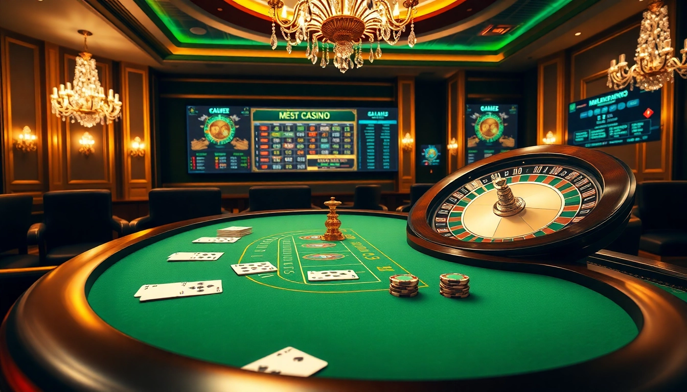 Scène captivante de casino en ligne français avec table de blackjack et roulette, mettant en avant des éléments de jeu passionnants.