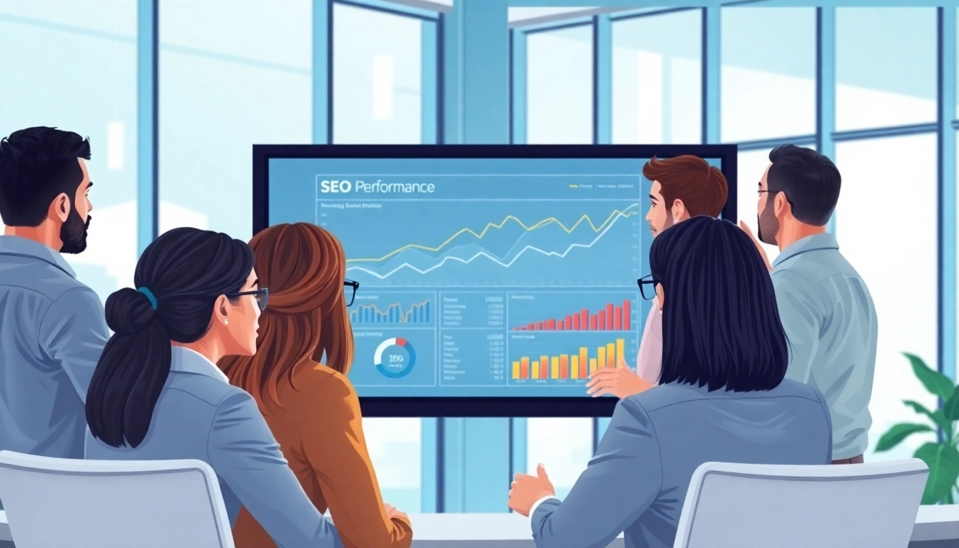 Analyze SEO performance metrics with a dedicated team in a modern office setting.