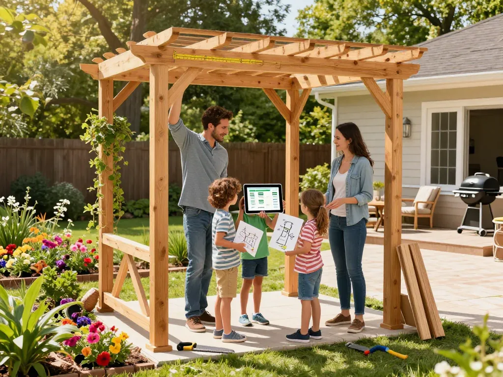 Family enjoying a DIY project with an online pergola configurator in a sunny backyard.