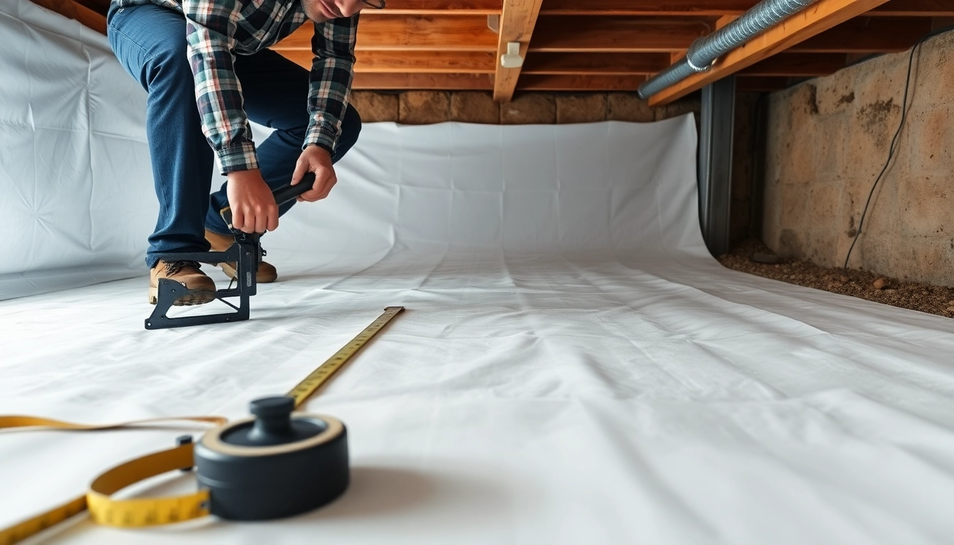 Vapor Barrier Installation process by a professional in a crawl space environment.