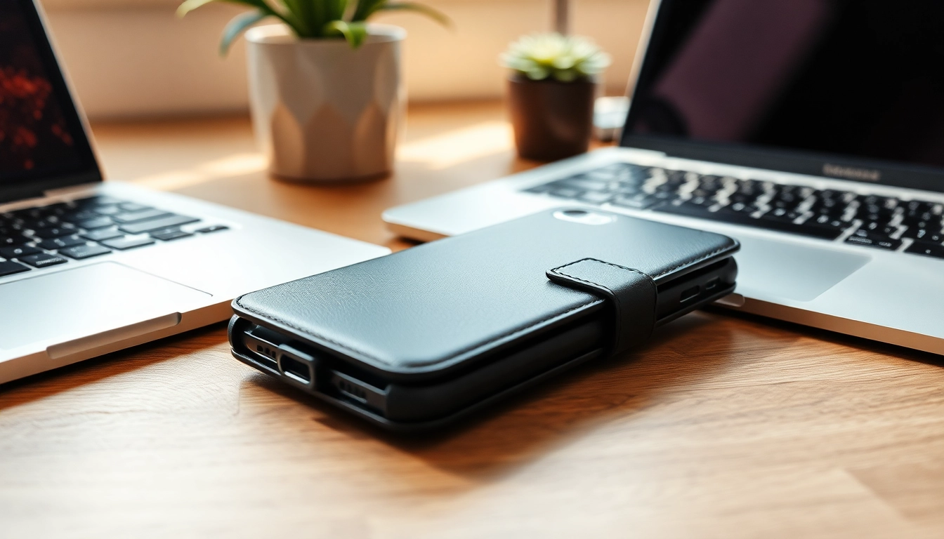 Handytasche Magnetverschluss für Smartphones auf einem stilvollen Schreibtisch mit modernen Accessoires.