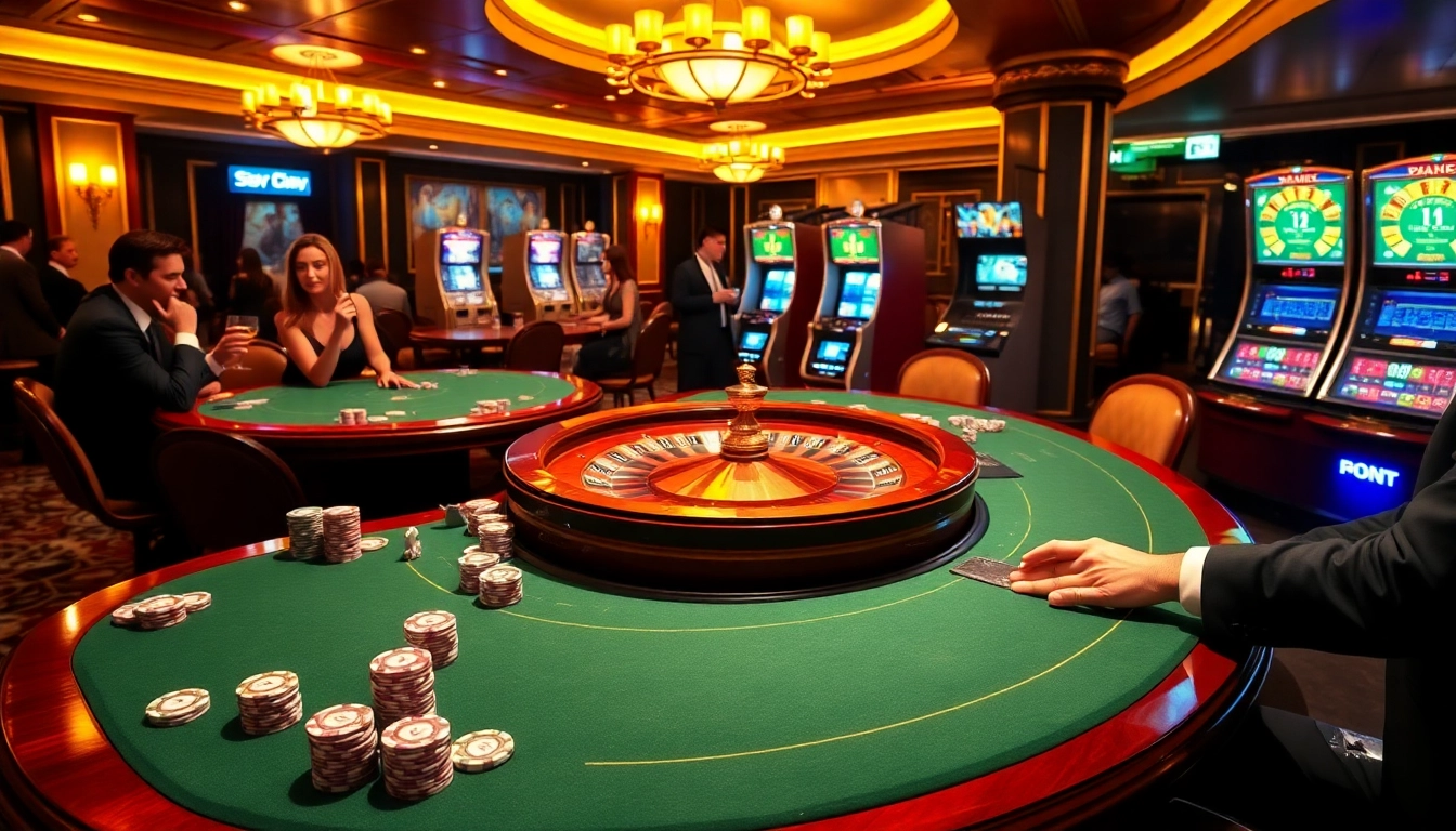 Des joueurs profitant des jeux dans un casino en ligne Français avec des tables vibrantes et une action de roulette en direct.