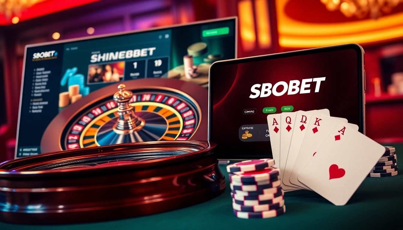 Experience sbobet link alternatif with a vibrant casino scene featuring poker chips, cards, and a roulette wheel.