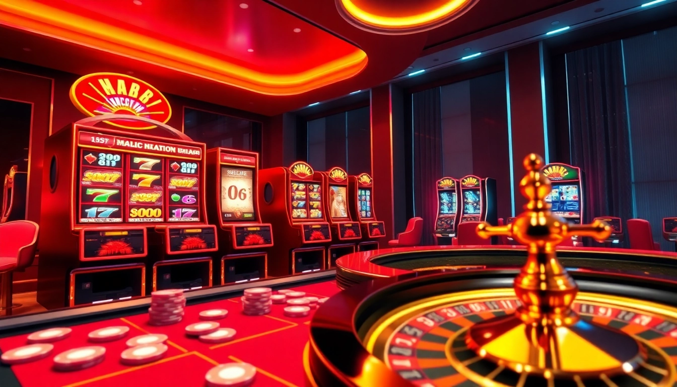 Antarmuka permainan online MABAR88 menampilkan mesin slot dinamis dan keping poker yang berwarna-warni.