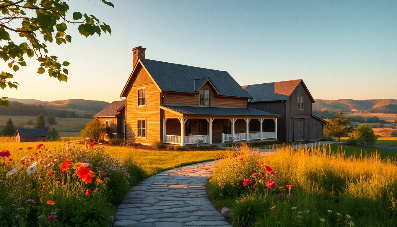 View of the welcoming Canton Farmhouse surrounded by vibrant gardens and rolling hills.