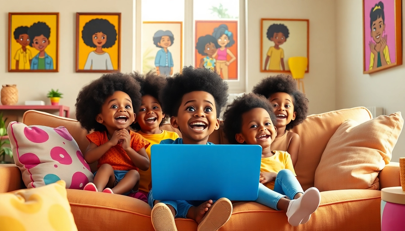 Diverse children enjoying African American cartoons in a cozy living room.