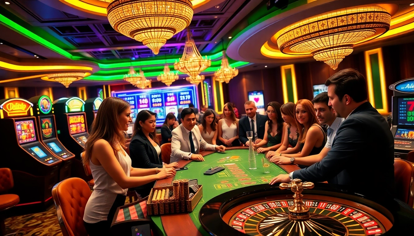 Engager les joueurs dans une atmosphère de casino en ligne français haut de gamme entouré de machines à sous et de croupiers.