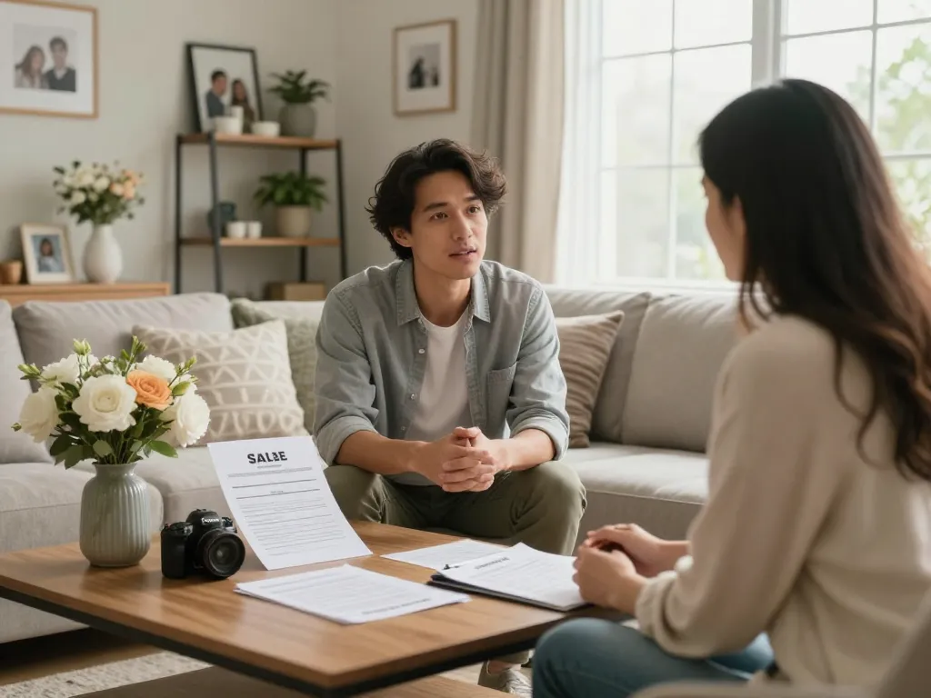 Homeowner discussing we buy houses for cash with realtor in cozy living room.