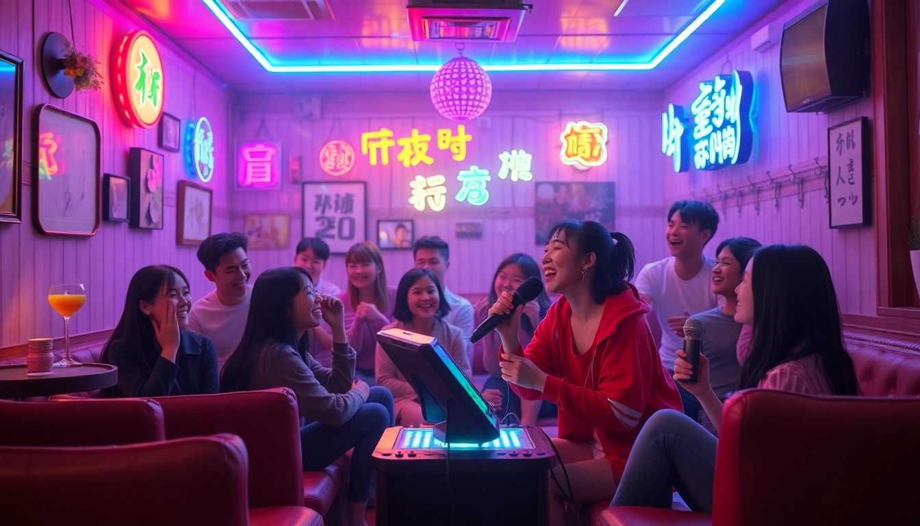활기찬 방에서 친구들과 함께하는 제주도유흥 노래방 밤을 즐기는 모습.