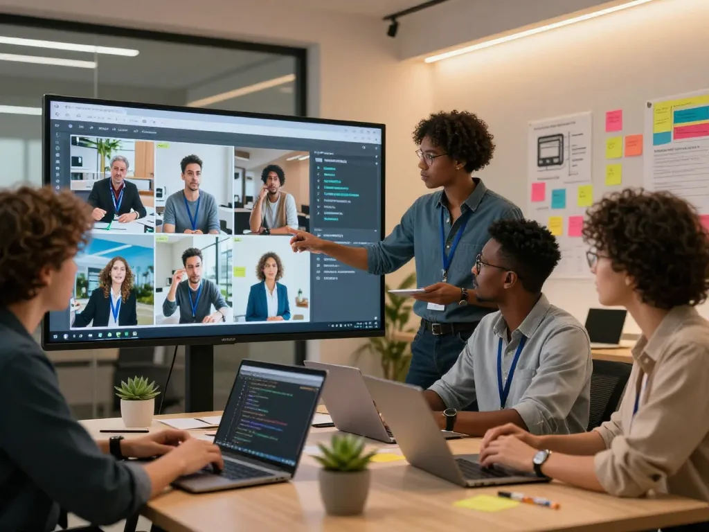 Image to prompt demonstration in a collaborative digital workspace with professionals engaging with touchscreen technology.
