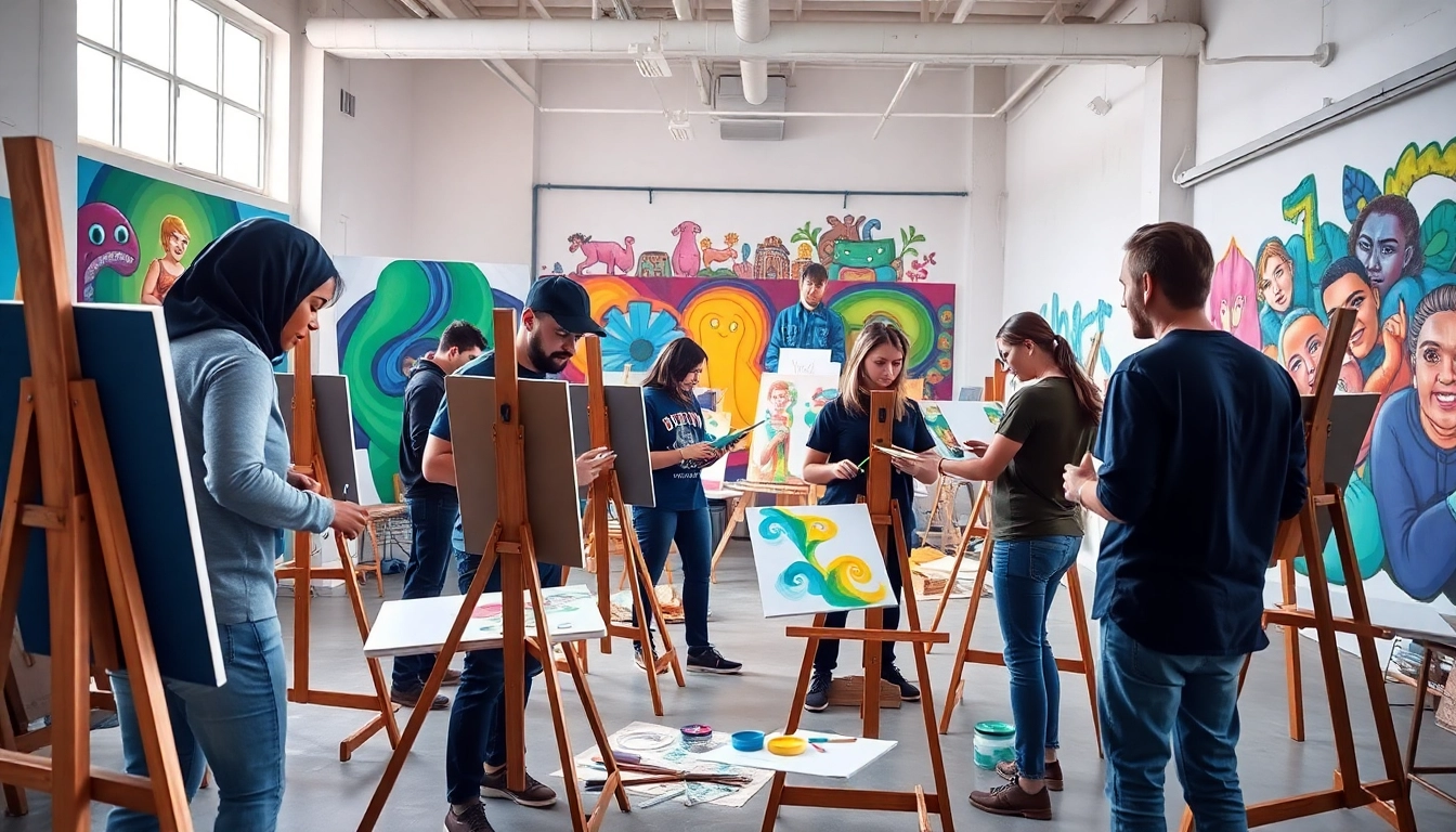 Engaged trainees in a painting apprenticeship workshop creating vibrant mural designs.