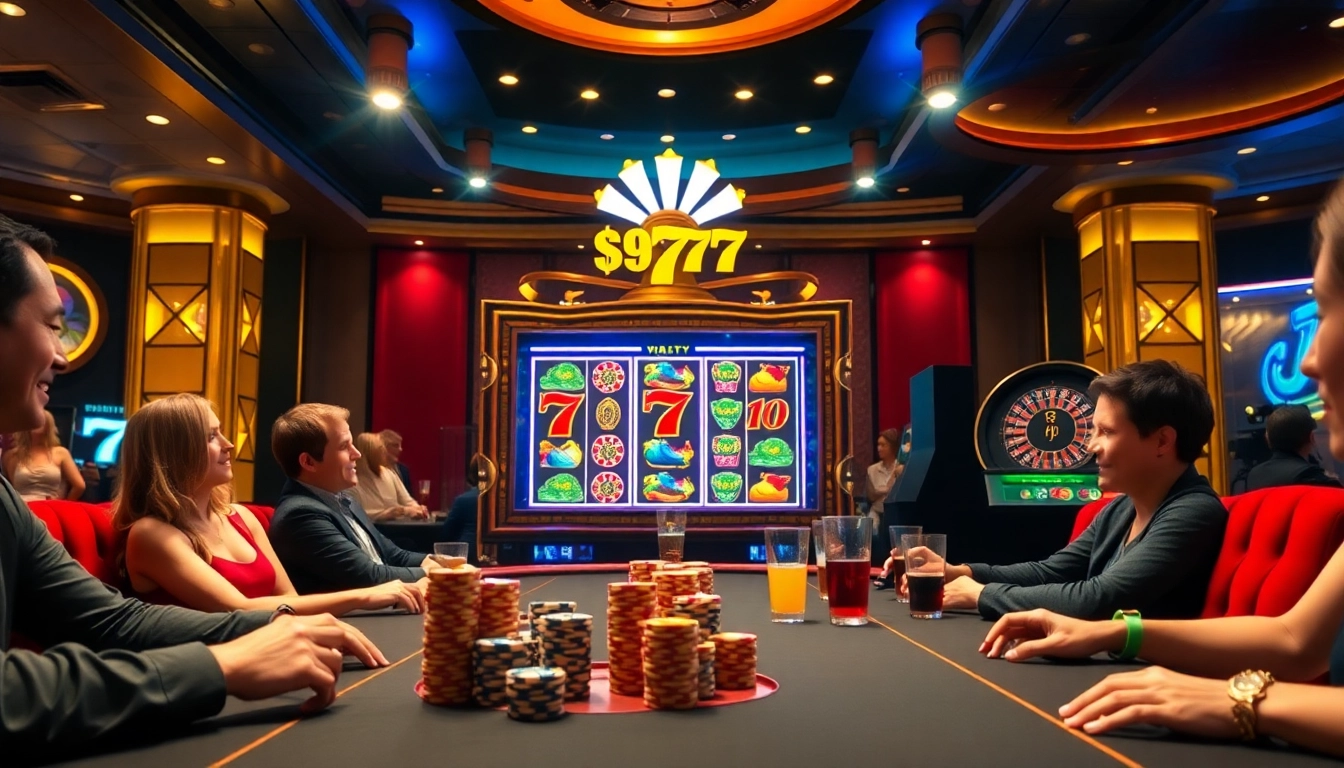 Engaged players celebrating wins at the slot777 machine in a luxurious casino setting.