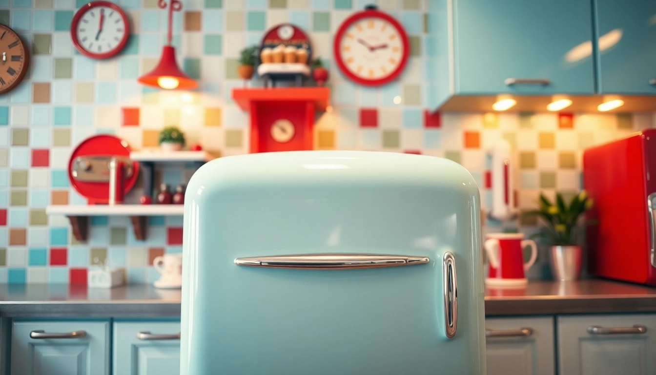 A bright kitchen with a retro appliance, showcasing vintage décor and cheerful pastel colors.