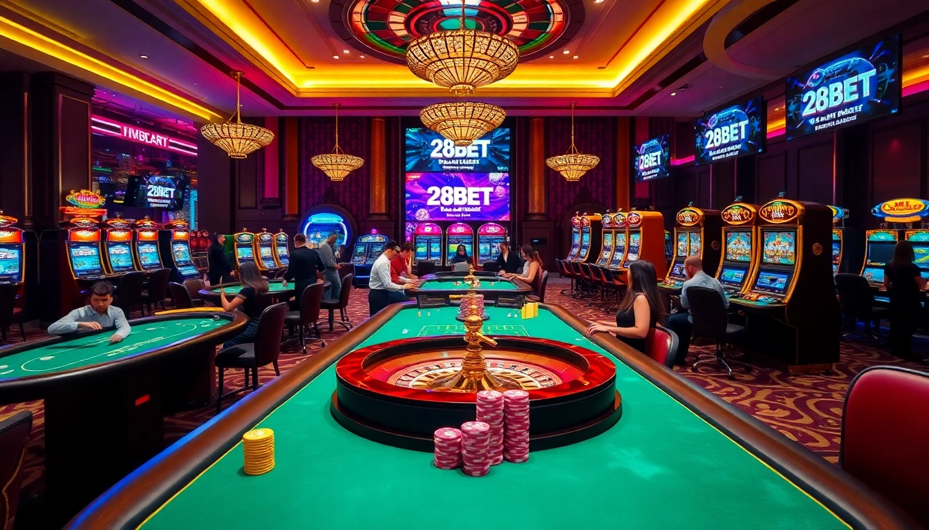 Experience the thrill of gambling at 28BET with dynamic casino tables and vibrant slot machines.