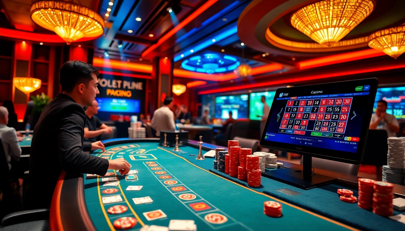 RR88 poker action with players engaging at a vibrant table in a luxurious casino.