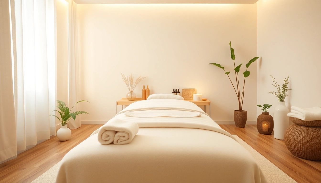 이완과 웰빙을 위한 필수 오일과 부드러운 조명이 특징인 마사지 치료실.