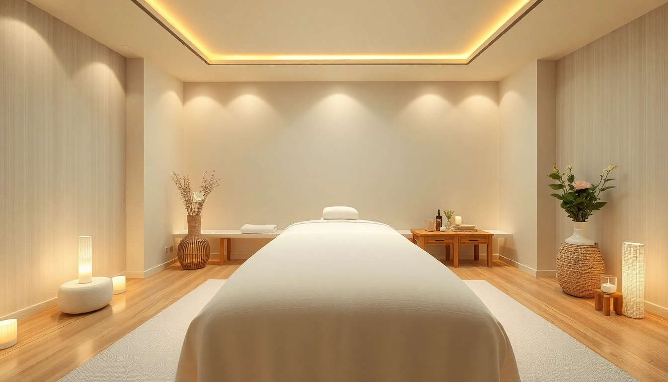 편안한 조명과 차분한 장식이 있는 평화로운 스파 환경을 보여주는 수원 마사지룸.
