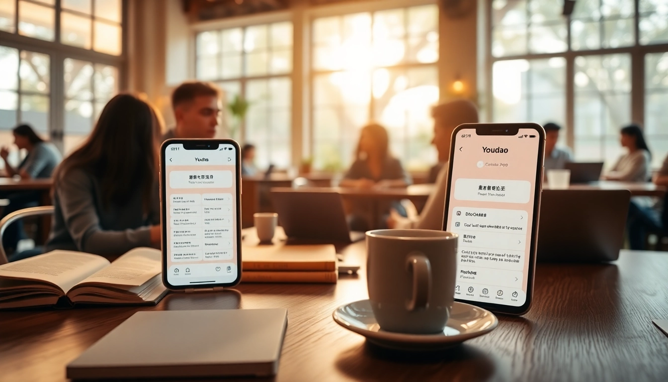 Youdao translation app interface showcased on a smartphone in a vibrant coffee shop setting, emphasizing technology and education.