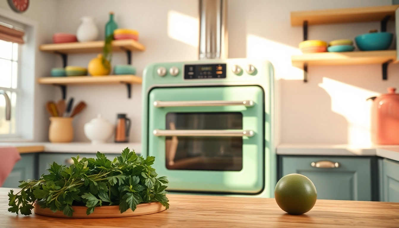 Cook delicious meals with a stylish Retro Oven in a bright modern kitchen setting.