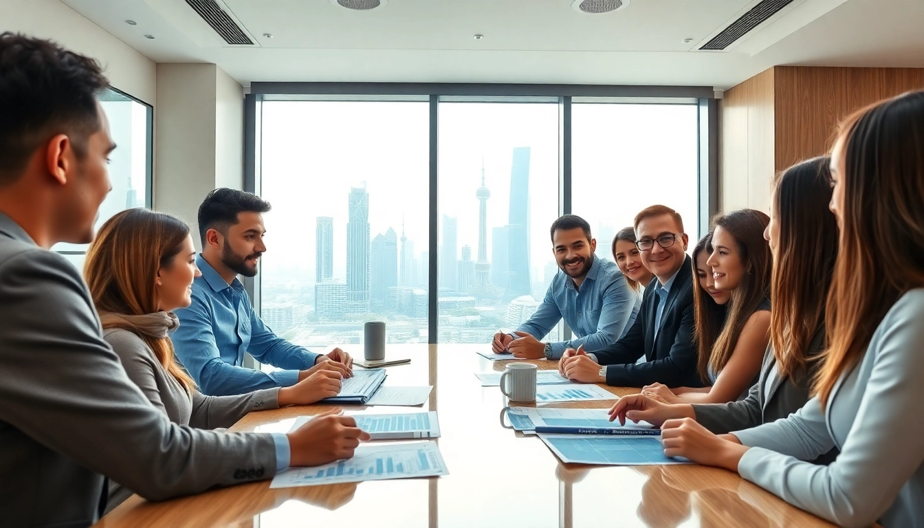 Accounting Services in Dubai team collaborating in a professional office setting with financial documents and Dubai skyline.