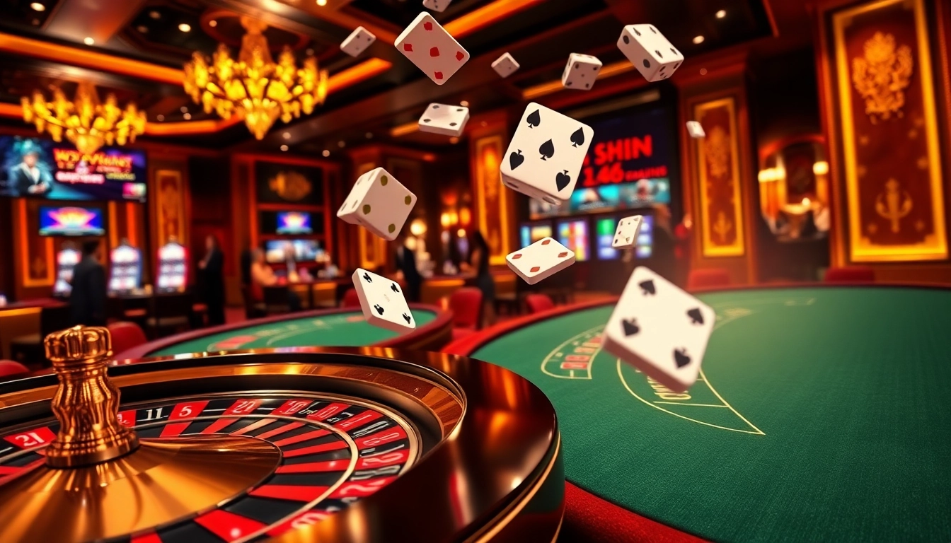 Scène engageante de joueurs appréciant le casino en ligne France avec des tables élégantes et des éléments de jeu vibrants.
