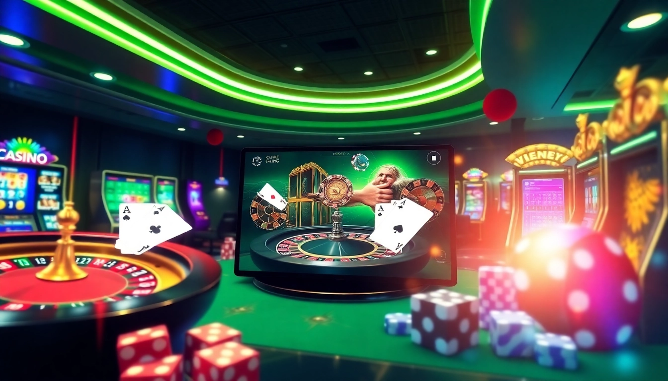 Une scène de casino en ligne français virtuel captivante avec des graphismes vibrants de roulette, poker et machines à sous.