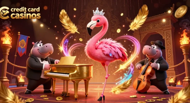 Experience the excitement of credit card casinos with vibrant characters and immersive elements in a dynamic casino scene.