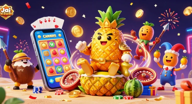 Experience the vibrancy of Jai club with a lively 3D casino illustration featuring a golden pineapple king and festive characters.