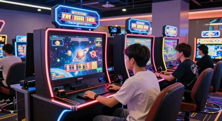Player immersed in a spaceman-themed online slot game with vibrant visuals and gaming devices.