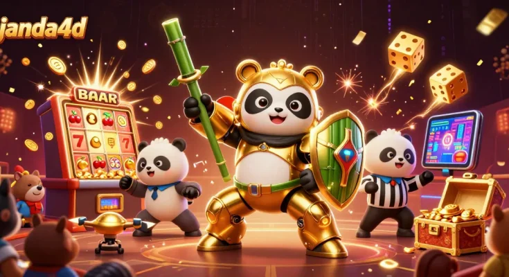 Gali kemenangan di janda4d dengan mesin slot megah dan karakter menarik dalam ilustrasi kasino 3D