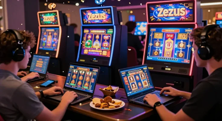 Engaging players enjoying zeus slot on laptops, showcasing thrilling online gaming atmosphere and vibrant graphics.