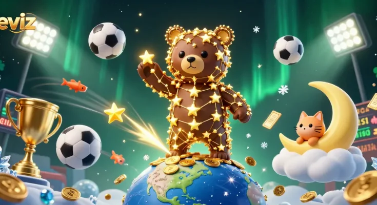 Experience thrilling casino gaming with the eviz constellation bear, collecting coins in a vibrant night sky scene.
