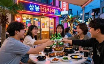 Enjoying Korean cuisine at 상봉동 한국관나이트 with friends, vibrant nightlife atmosphere and delicious dishes.