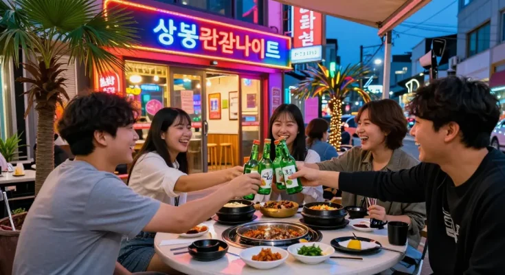 Enjoying Korean cuisine at 상봉동 한국관나이트 with friends, vibrant nightlife atmosphere and delicious dishes.