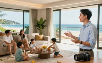 다낭 아파트 월세 소개, 가족과 함께하는 현대적인 해변가 아파트 장면